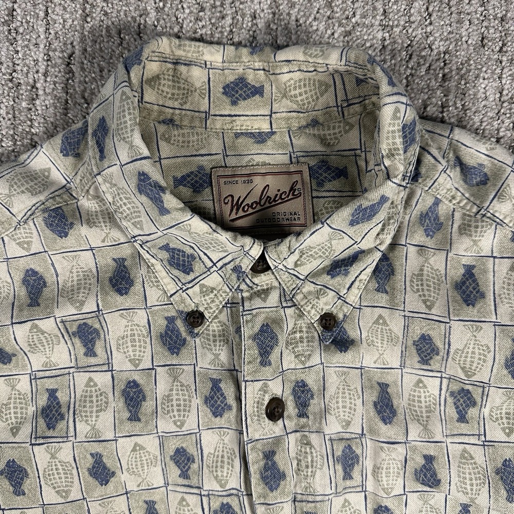 Vintage Woolrich Outdoor Beige AOP Fish Polo Short Sleeve Tee Mens Size Large
